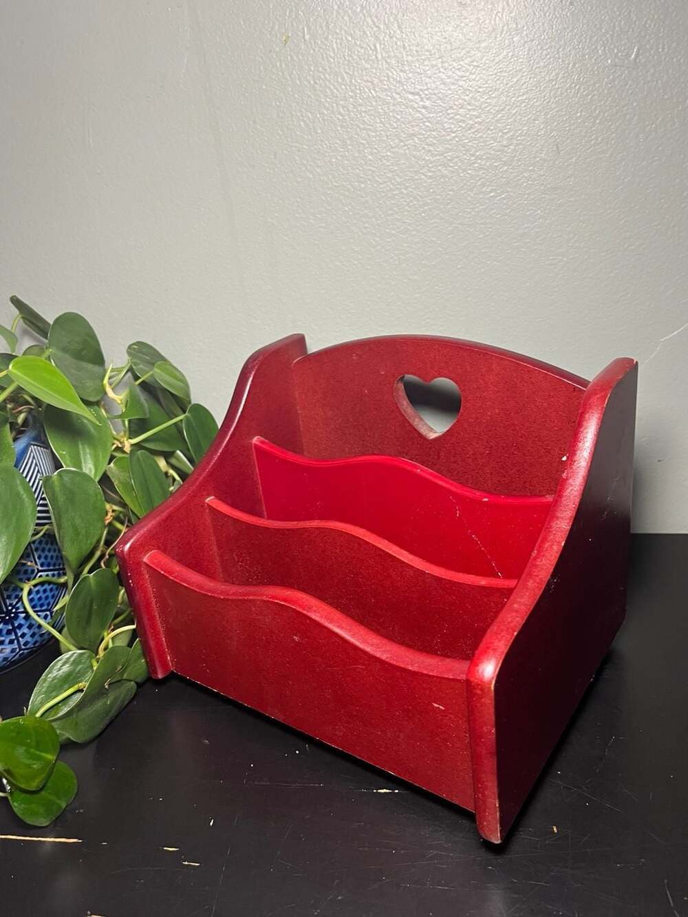 Vintage Red Wooden Rotating Desk Organizer with Heart Cutout